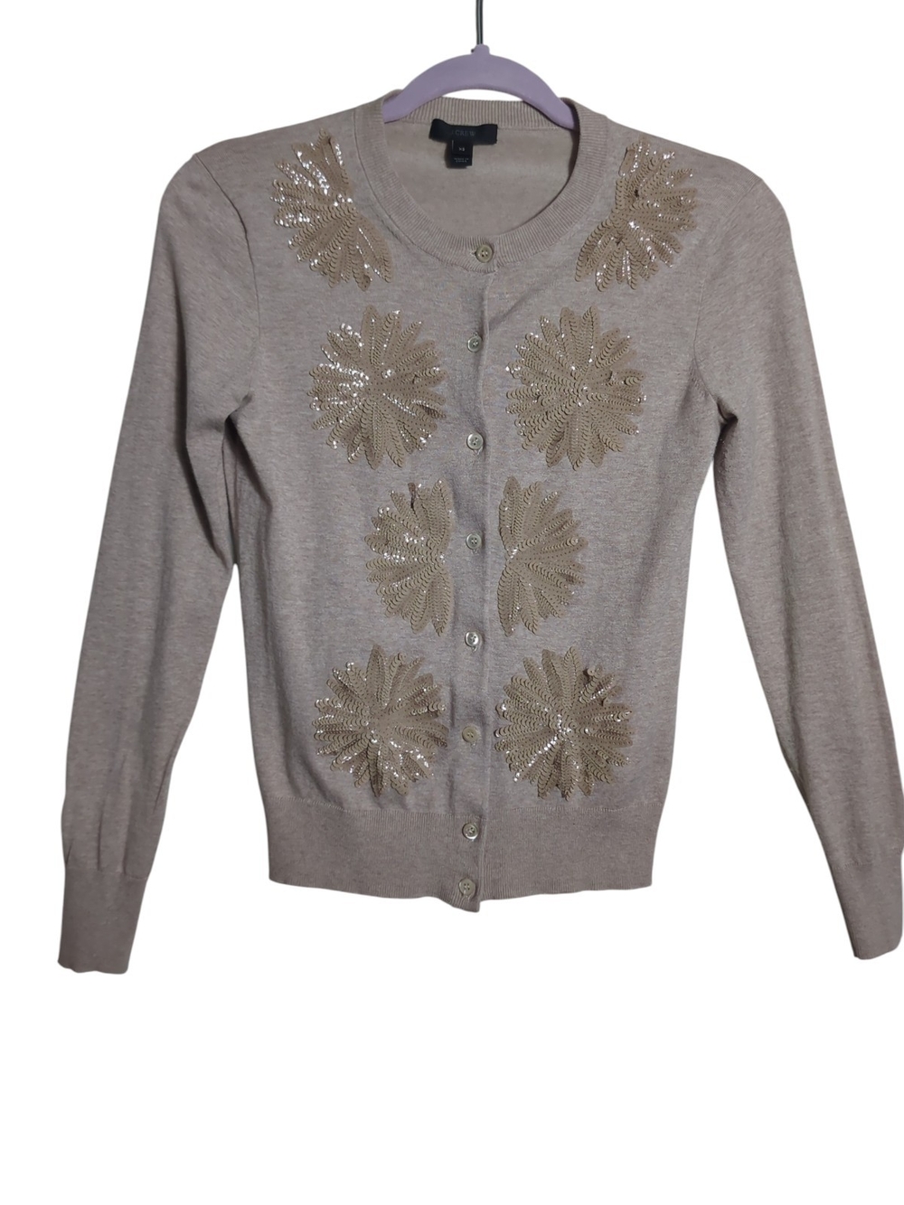 J.Crew XS Sequin Flower Jackie Button Up Cardigan Beige Gold Grandma Preppy